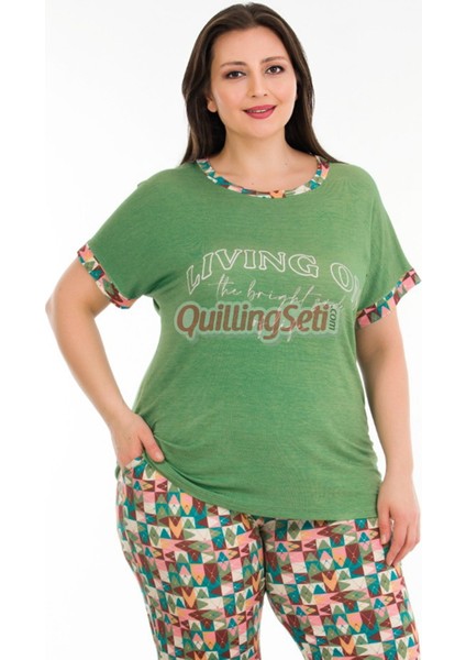 Yeşil Renk ve Desenli 10935 Kısa Kollu Kadın Büyük Beden Anne Pijama Takımı modelleri