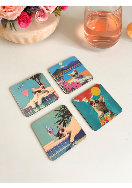 Retro Tarzda Kedi Desenli Ahşap Bardak Altlıkları - 4’lü Set, Eğlenceli ve Şık Tasarım modelleri