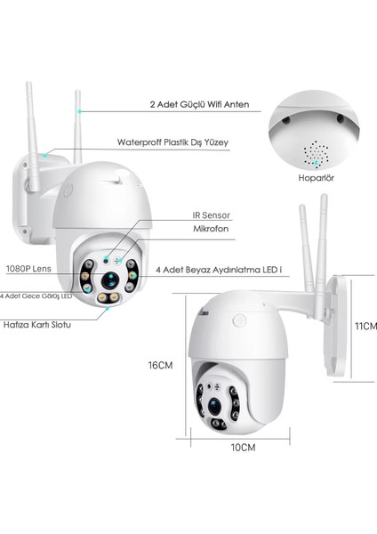 Wifi Ip Kamera Türkçe Tak Çalıştır 2 Yıl Garantili Gece Görüşlü Insan Algılama Hareket Sensörlü LED Işıklı