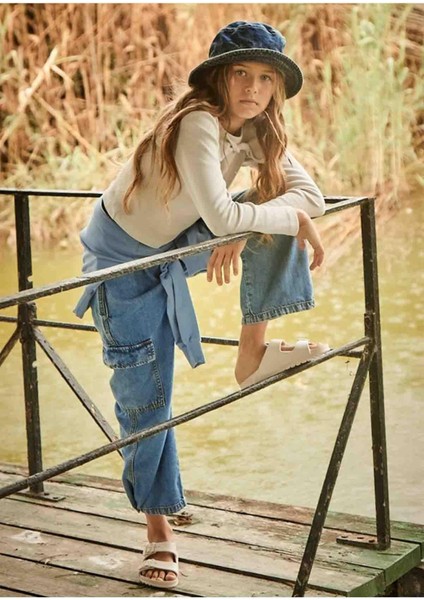 Yazlık Kız Çocuk Kargo Cep Denim Pantolon - Mavi