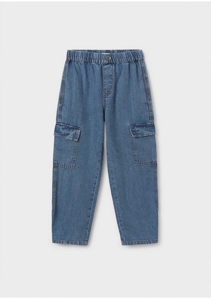 Yazlık Kız Çocuk Kargo Cep Denim Pantolon - Mavi