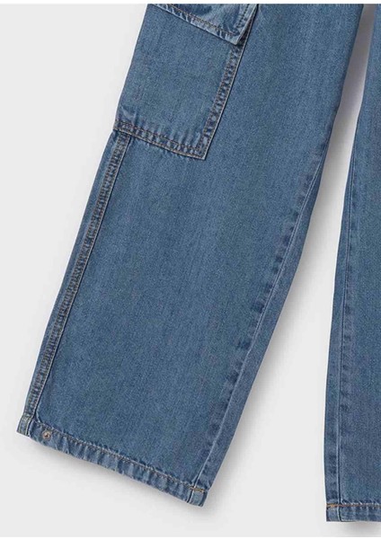 Yazlık Kız Çocuk Kargo Cep Denim Pantolon - Mavi