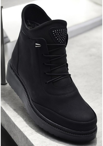 211 Zümrüt Ortopedik Taban Lastik Bağcıklı Fermuarlı Içi Kürklü Siyah Kadın Bot Ayakkabı