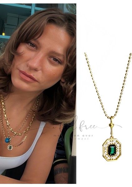 925 Gümüş Serenay Avukat Leyla Yeşil Taşlı Kolye-Gold