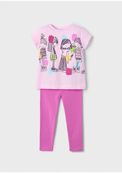 Yazlık Kız Çocuk Baskılı T-Shirt Tayt Takım - Pembe