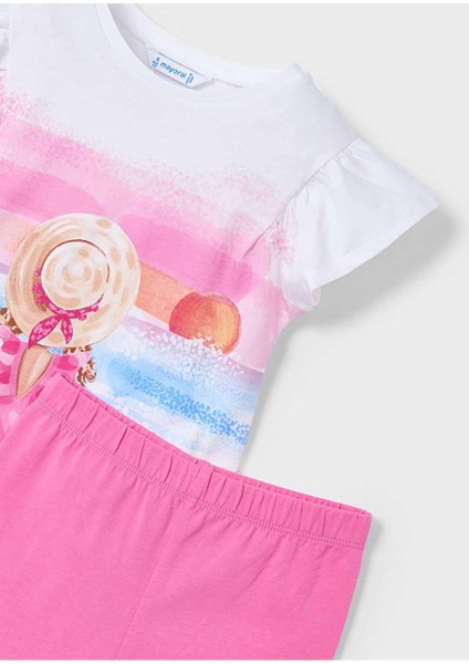 Yazlık Kız Çocuk Baskılı T-Shirt Kapri Tayt Takım- Pembe fiyatları