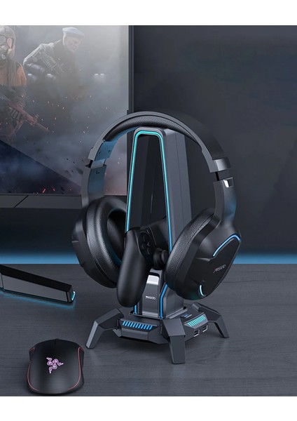 HB25 3 Adet USB Çıkışlı Rgb Kulaklık ve Gamepad Standı Siyah