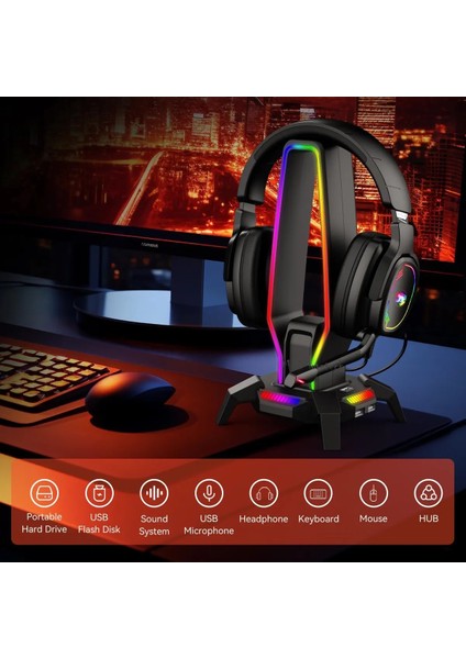 HB25 3 Adet USB Çıkışlı Rgb Kulaklık ve Gamepad Standı Siyah