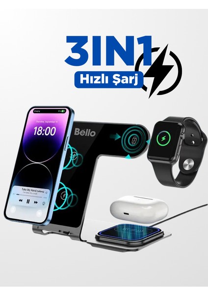 3'ü 1 Arada 15W Kablosuz Şarj Standı Seti Y9