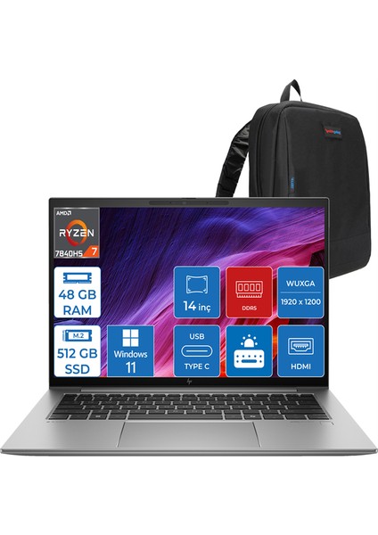 Zbook Firefly 14 G10 Ryzen 7 7840HS 48GB Ddr5 512GB SSD 14" IPS Wuxga Radeon Graphics Windows 11 Pro Dizüstü Bilgisayar HP865R6EAP12 + Zettaçanta