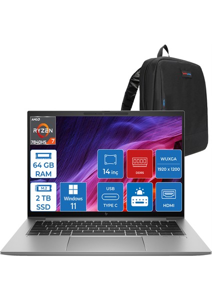 Zbook Firefly 14 G10 Ryzen 7 7840HS 64GB Ddr5 2tb SSD 14" IPS Wuxga Radeon Graphics Windows 11 Pro Dizüstü Bilgisayar HP865R6EAP18 + Zettaçanta
