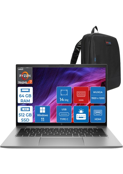 Zbook Firefly 14 G10 Ryzen 7 7840HS 64GB Ddr5 512GB SSD 14" IPS Wuxga Radeon Graphics Windows 11 Pro Dizüstü Bilgisayar HP865R6EAP16 + Zettaçanta