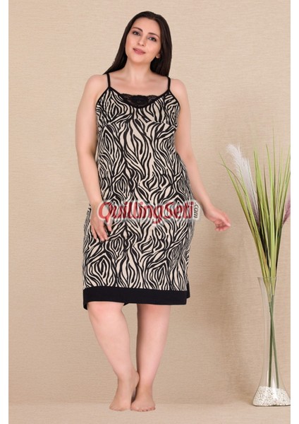 Siyah Renk ve Zebra Desenli 8509 Kadın Ince Askılı Kol Büyük Beden Anne Gecelik, Tunik