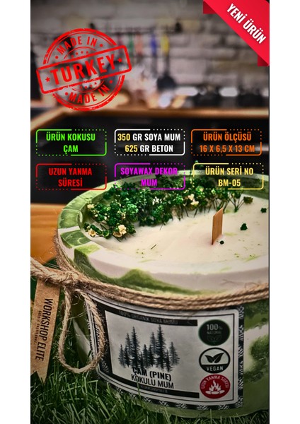 Workshop Elite Aroma Terapi Kibrit Bölmeli Çam Kokulu 350 gr Soya Wax Mum