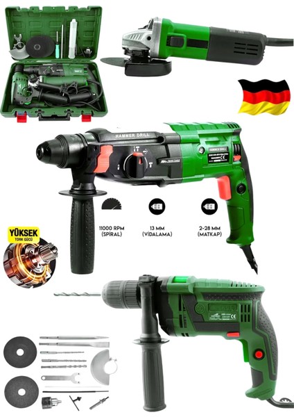 Profesyonel 3900F 3'lü Set 2-28 Hilti Matkap + 13 mm Darbeli Matkap Vidalama + 115 mm Taşlam