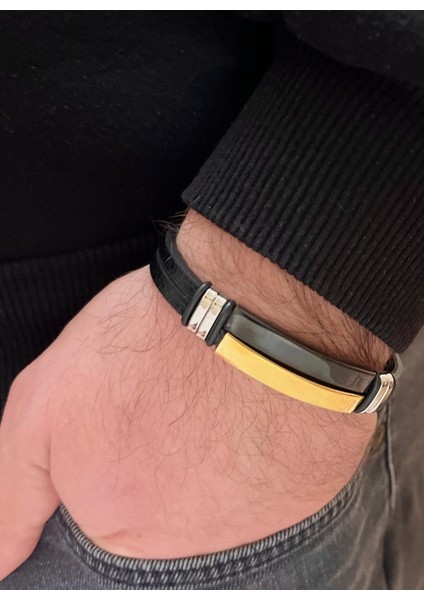 Çelik ve Deri Kombinli Çift Şeritli Erkek Bileklik 22 cm