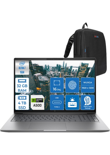 Zbook Power 16 G11 Intel Core Ultra 7 155H 32GB Ddr5 4tb SSD 16" IPS Wuxga 4GB/RTXA500 Windows 11 Pro Dizüstü Bilgisayar HP8T0U2EAP11 + Zettaçanta