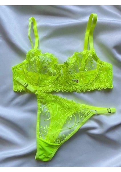 Çiçek Desenli Dantelli Tül Bralet Sütyen Kilot Tanga Takım / Iç Çamaşırı Takımı