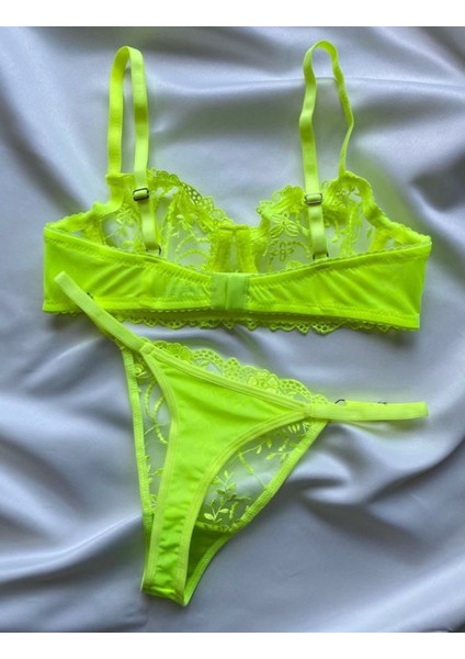 Çiçek Desenli Dantelli Tül Bralet Sütyen Kilot Tanga Takım / Iç Çamaşırı Takımı
