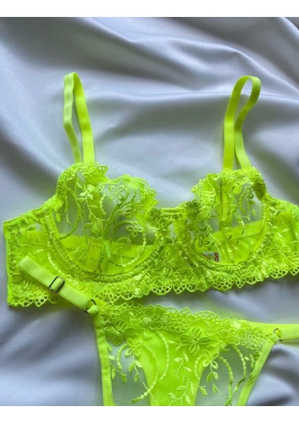 Çiçek Desenli Dantelli Tül Bralet Sütyen Kilot Tanga Takım / Iç Çamaşırı Takımı