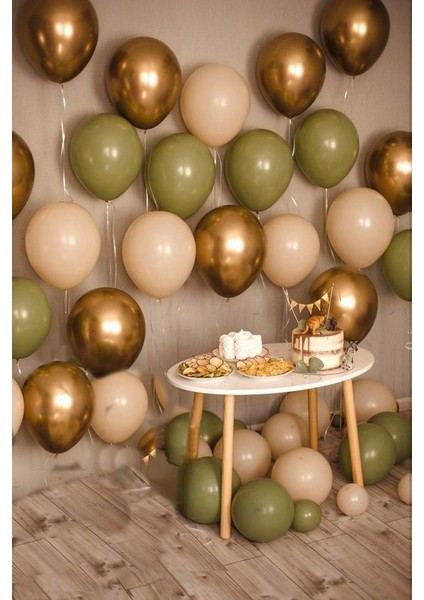 Retro Okaliptüs Deniz Kumu Gold Krom 25 Adet Balon Seti
