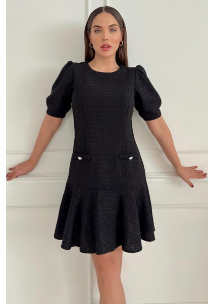 Tüvit Kumaş Midi Boy Sıfır Yaka Cep Detaylı Kadın Elbise 029