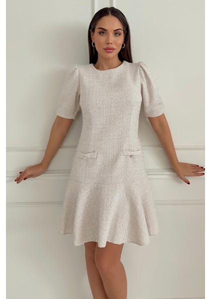 Tüvit Kumaş Midi Boy Sıfır Yaka Cep Detaylı Kadın Elbise 029