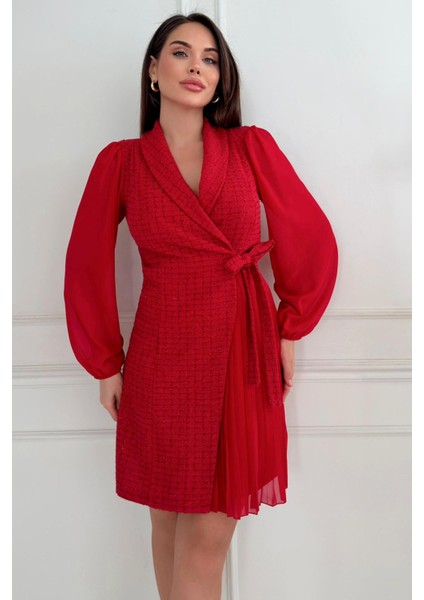 Ceket Yaka Önden Bağlama Detaylı Tüvit Şanel Kumaş Şifon Kollu Kadın Elbise 030