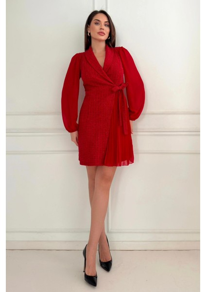 Ceket Yaka Önden Bağlama Detaylı Tüvit Şanel Kumaş Şifon Kollu Kadın Elbise 030 fiyatları