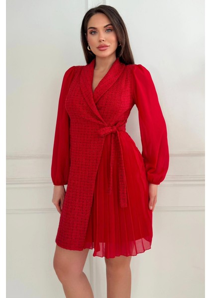 Ceket Yaka Önden Bağlama Detaylı Tüvit Şanel Kumaş Şifon Kollu Kadın Elbise 030 modelleri