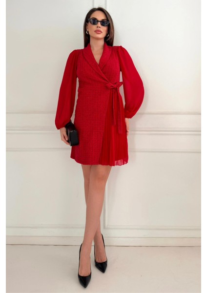 Ceket Yaka Önden Bağlama Detaylı Tüvit Şanel Kumaş Şifon Kollu Kadın Elbise 030 fırsatları