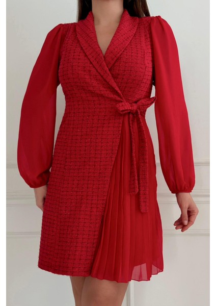Ceket Yaka Önden Bağlama Detaylı Tüvit Şanel Kumaş Şifon Kollu Kadın Elbise 030 indirimleri