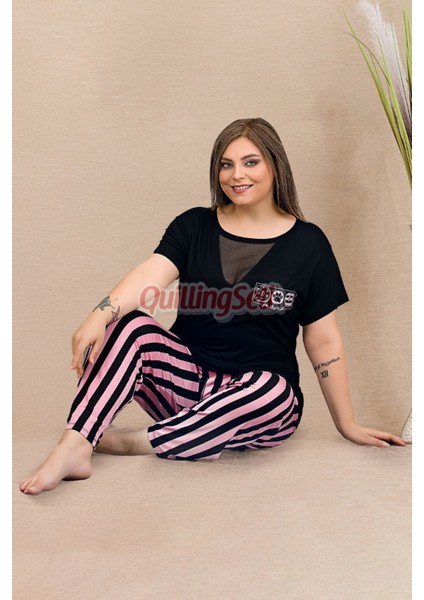 Siyah Renk ve Pembe Çizgili 11000 Kısa Kollu Kadın Büyük Beden Anne Pijama Takımı fırsatları