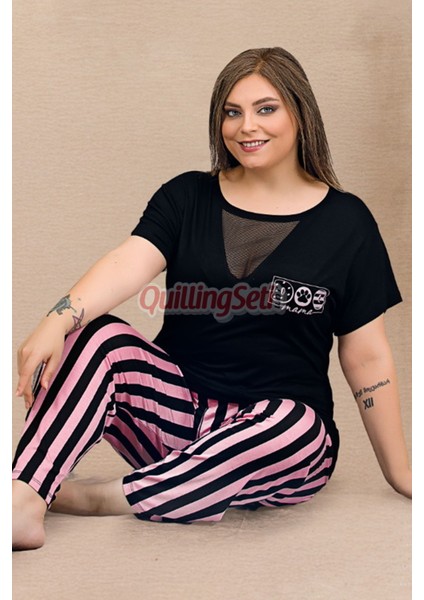 Siyah Renk ve Pembe Çizgili 11000 Kısa Kollu Kadın Büyük Beden Anne Pijama Takımı fiyatları