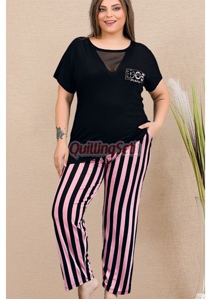 Siyah Renk ve Pembe Çizgili 11000 Kısa Kollu Kadın Büyük Beden Anne Pijama Takımı modelleri