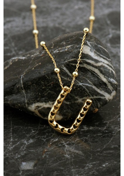 Kalpli Altın Kaplama U Harf Gümüş Balon Kolye 8058