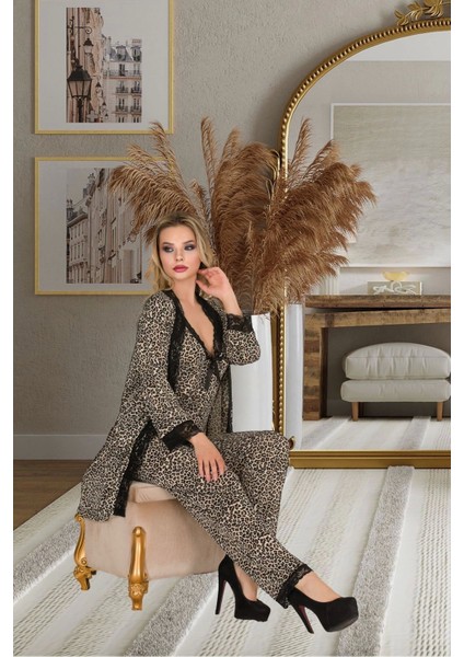 Kadın Sekssi Leopar Desenli Askılı Pijama ve Sabahlık Takımı 6 Parça Alt Üst Gecelik Pijama Takımı