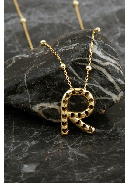 Kalpli Altın Kaplama R Harf Gümüş Balon Kolye 8054