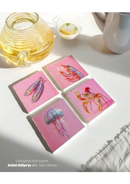 Retro Pembe Deniz Canlıları Tasarımlı Taş Bardak Altlıkları - 4’lü Set