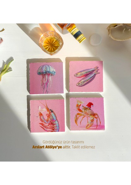 Retro Pembe Deniz Canlıları Tasarımlı Taş Bardak Altlıkları - 4’lü Set fiyatları
