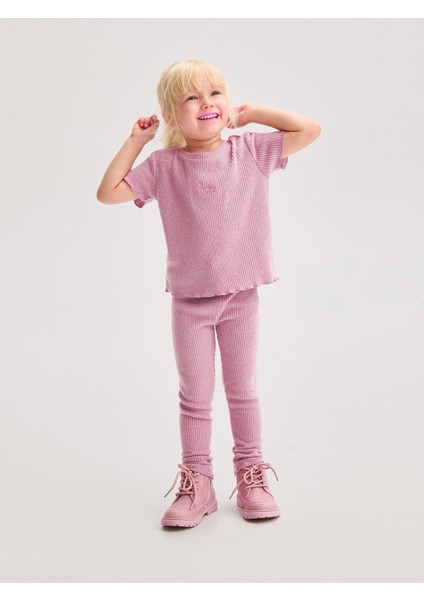 Pembe Kuğu Desenli Fitilli T-Shirt Tayt Alt-Üst Takım Kız Çocuk