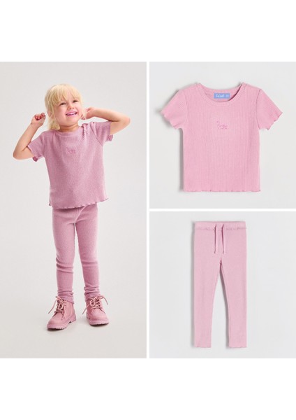Pembe Kuğu Desenli Fitilli T-Shirt Tayt Alt-Üst Takım Kız Çocuk