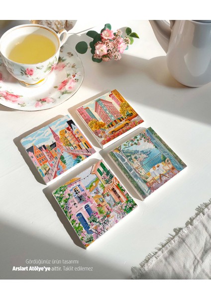 Bahar ve Yaz Avrupa Şehir Temalı Taş Bardak Altlıkları - 4’lü Set Çiçekli ve Renkli fiyatları