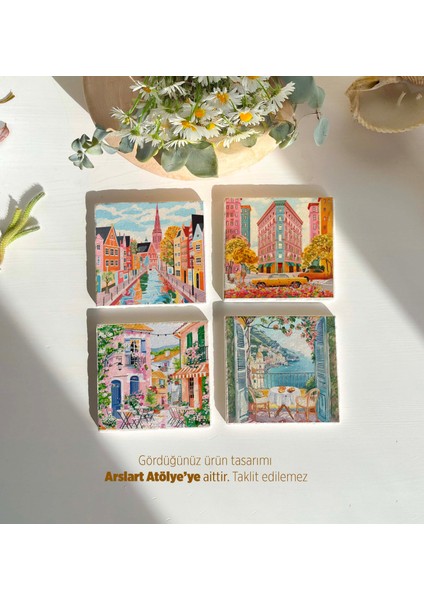Bahar ve Yaz Avrupa Şehir Temalı Taş Bardak Altlıkları - 4’lü Set Çiçekli ve Renkli modelleri