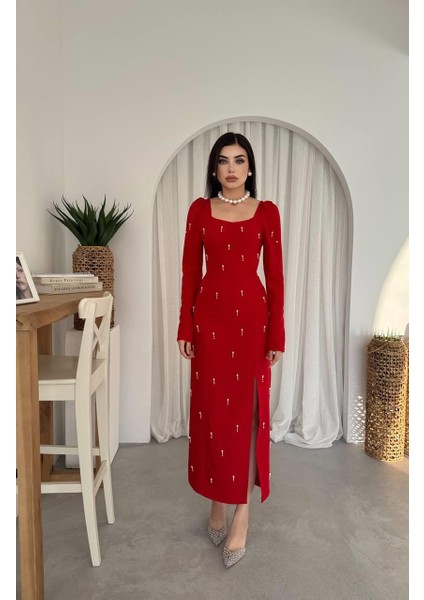 Taşlı Maya Yırtmaçlı Uzun Elbise