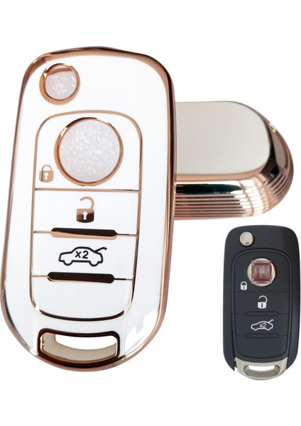 Fiat Egea Uyumlu Nano Kumanda Anahtar Kılıfı Oto Anahtarlık 3 Tuşlu Beyaz Gold