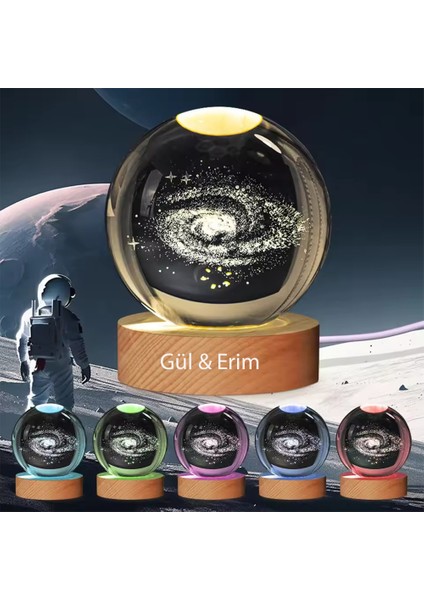 Isme Özel Büyük Boy Işıklı Ahşap Kaideli Toz Bulutu Cam Küre 8 cm ve Anahtar Seti