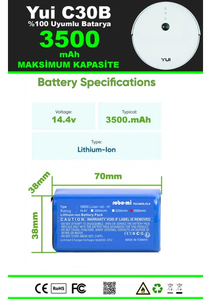 Yui C30B 3500mAh Robot Süpürge Bataryası - Gerçek Kapasite, Maksimum Güvenlik fırsatları