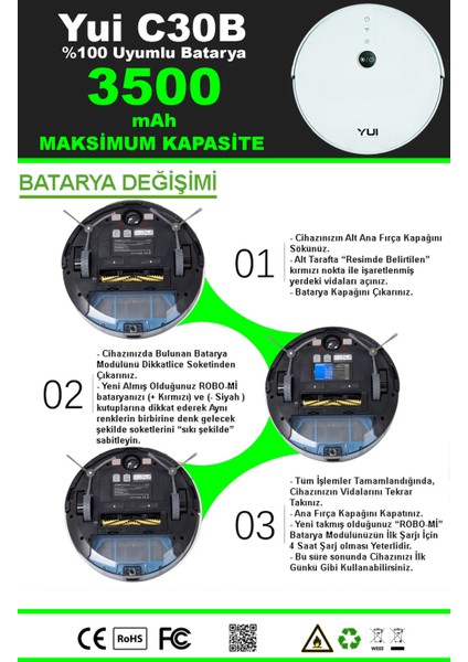 Yui C30B 3500mAh Robot Süpürge Bataryası - Gerçek Kapasite, Maksimum Güvenlik indirimleri