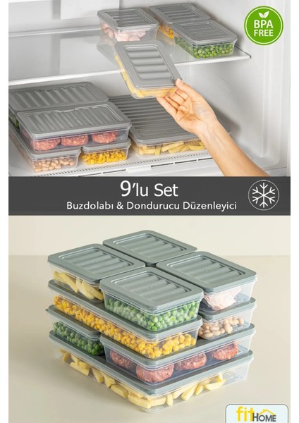 9'lu Derin Dondurucu Düzenleyici Hava Almaz Saklama Kabı Seti 1X2400ML 2X1170ML 2X1200ML 4X600ML